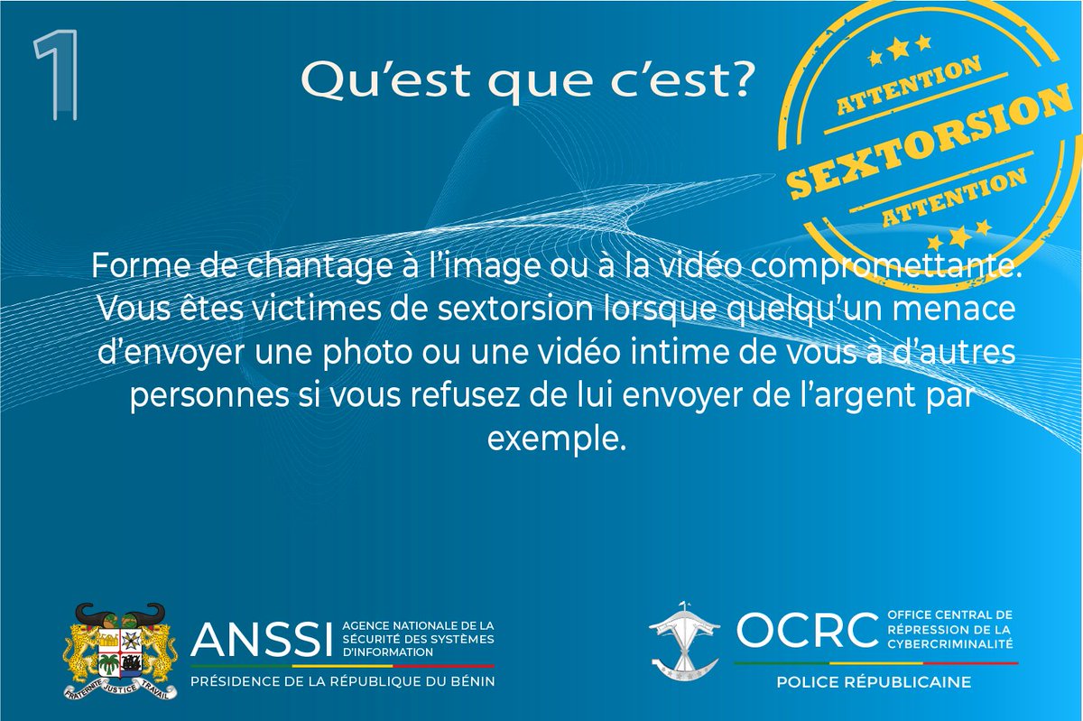 numeriquebenin's tweet photo. La sextorsion est une forme d'arnaque qui fait de plus en plus de victimes au Bénin et dans la sous-région. 

A la veille de cette période de fêtes de fin d’année, voici quelques recommandations de l' @Anssi_Benin et de @ocrc_benin.

#BeninNumerique 
#gouvbenin https://t.co/Wdaq3AwPHG