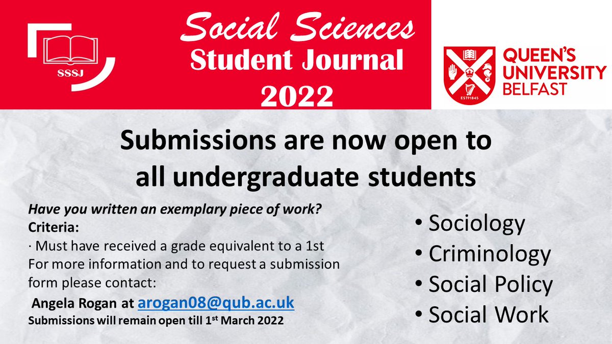 Please RT. QUB Social Sciences Student Journal submissions are now open. <a href="/QUBSSESW/">SSESW at Queen's</a> <a href="/ioanracz74/">Ioan</a> @BLifeof9 <a href="/amyallennn/">Amy Allen</a> <a href="/DrTDegenhardt/">Teresa Degenhardt</a> <a href="/SarahJankowitz/">Sarah Jankowitz</a> <a href="/siobhanmc74/">Siobhan McAlister</a> <a href="/davy_hayes/">Davy Hayes</a> <a href="/criminology/">Shadd Maruna</a> @drjohntopping @DrAndyPercy <a href="/MichelleBQUB/">Michelle Butler</a> @JonathanHeaney <a href="/qubcriminology/">@QUBcriminology</a>