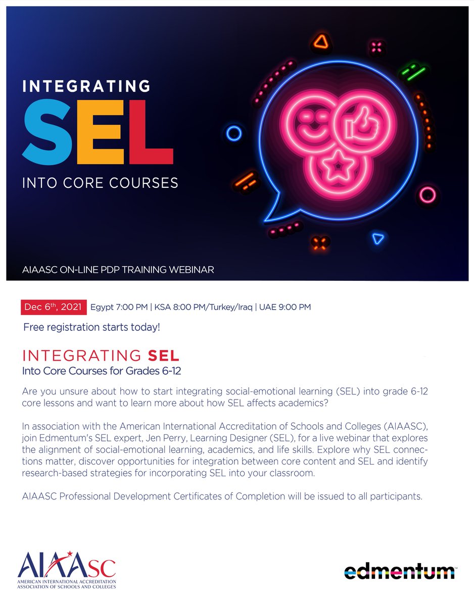 aiaascK12's tweet image. Dont forget to register for our next webinar with @edmentum on the 6th of December.
The webinar will discuss strategies of implementing social-emotional learning (SEL) into courses.
Free attendance to all #AIAASC school leaders and teachers.
edmentum.zoom.us/webinar/regist…
#SEL