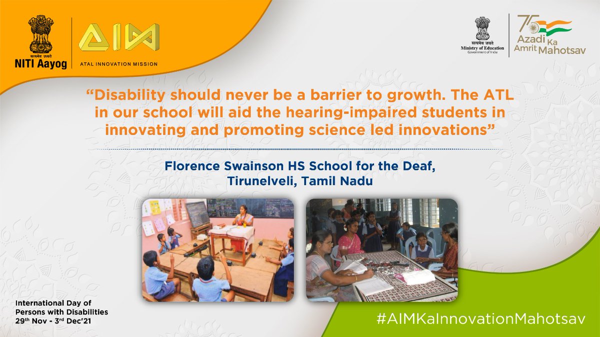 AIMtoInnovate's tweet photo. The human spirit is one of ability, &amp; courage that no disability can steal away.🙌

#AtalTinkeringLab at Florence Swainson HS School in #TamilNadu aims to aid the hearing-impaired students in innovating &amp; promoting science-led innovations.

#AIMKaInnovationMahotsav #IDPD2021✨ https://t.co/CHCcLZCTZt