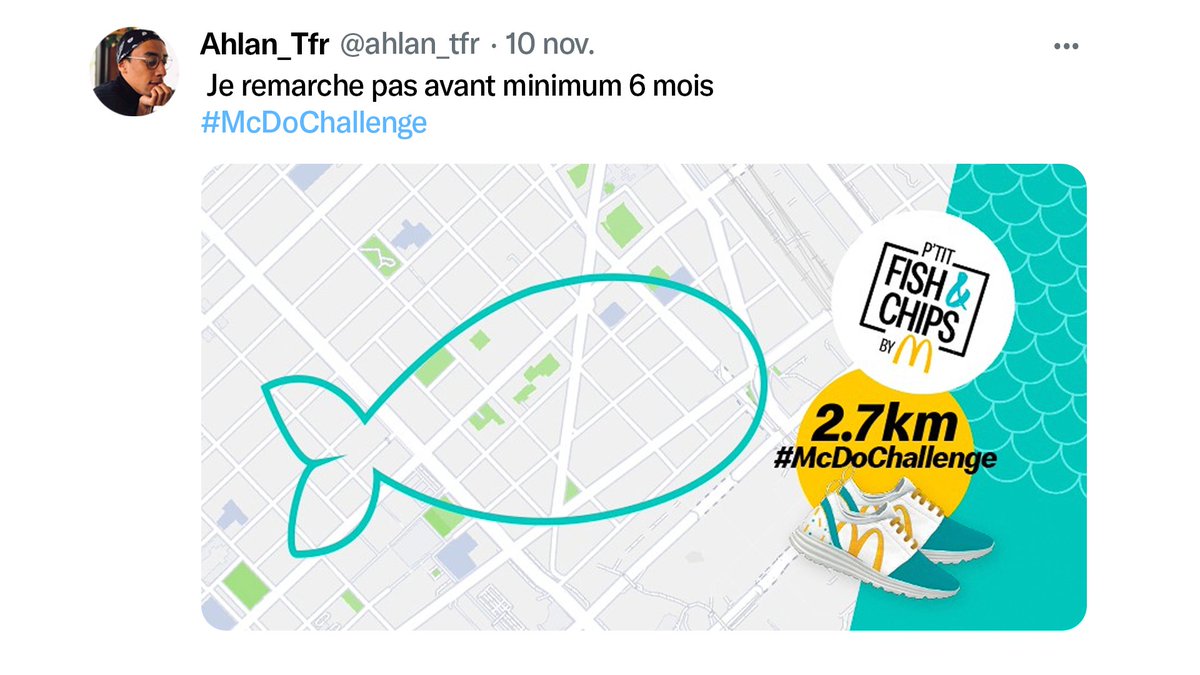 McDonaldsFrance's tweet photo. Et vous, comment était votre parcours ? 🤓
Vous avez jusqu’au 5 décembre pour nous montrer vos plus beaux poissons 🐟🚶‍♂️#McDoChallenge  RDV sur https://t.co/wT0FQS5FES https://t.co/BCU2sHtPD1