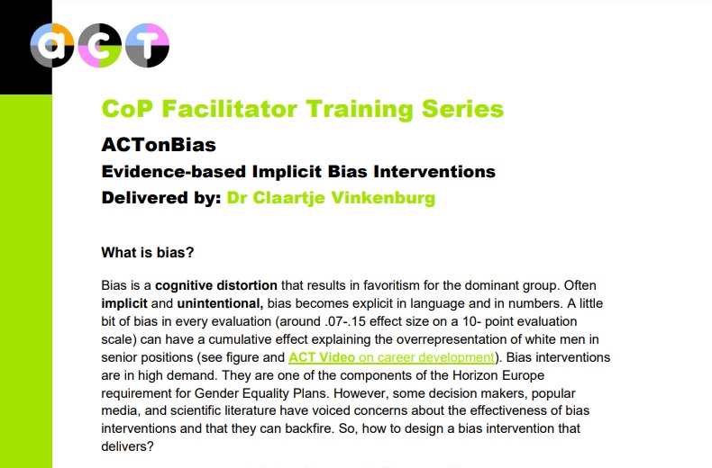 1⃣
Summary of the ACT #CommunitiesOfPractice #Facilitators #Training on evidence-based #ImplicitBias interventions 

👉Delivered by: <a href="/ClaartjeJV/">Dr Claartje Vinkenburg</a> 

🔗genderportal.eu/sites/default/…

#OurACTonGender #ACTonBias