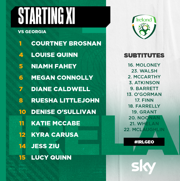 IrelandFootball's tweet photo. LINE-UP | 🇮🇪 v 🇬🇪

🟢 1st start for @jessziu7 

🟢 Starts for @DianeCaldwell7, @RueshaLJ &amp; @kyracarusa

🟢 Cap No 9️⃣9️⃣ for @Niamh_Fahey1 

⏰ KO 19:00
📺 LIVE on RTÉ2
💻 Worldwide on RTÉ Player

#IRLGEO | #COYGIG | #WeAreOne https://t.co/XGsk75rzQ1