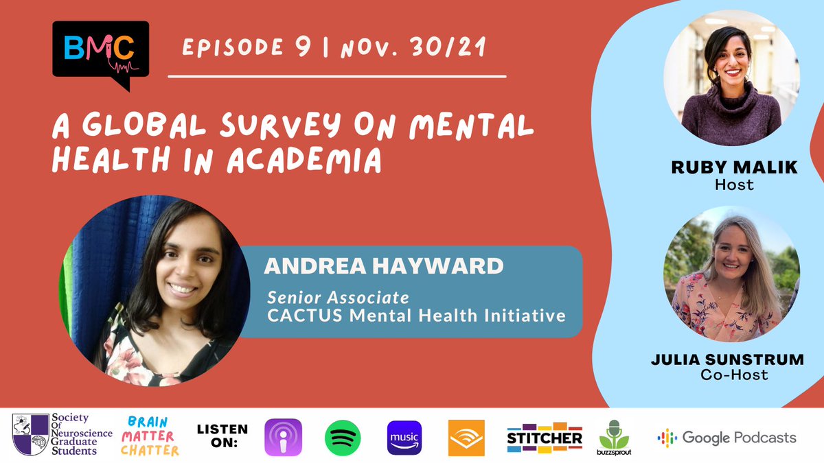brainmatterchat's tweet photo. This week, @Ruby__Malik and @juliasunstrum spoke with @AndieAitch about a global survey on #AcademicMentalHealth conducted by @CactusMHS. Listen &amp; join our convo on common themes of work-life balance, long working hours, &amp; workplace safety in academia. #BrainMatterChatter https://t.co/vra09kekqG