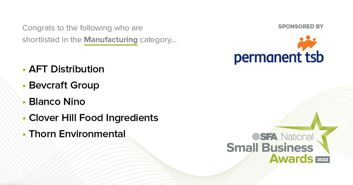 Small Firms Association (@sfa_irl) on Twitter photo Manufacturing Finalists #SFAAwards2022⭐️sponsored by <a href="/permanenttsb/">Permanent tsb</a>
Congratulations to AFT Distribution <a href="/BevcraftLtd/">Bevcraft</a> <a href="/helloblanconino/">Blanco Niño</a> <a href="/CloverhillFoods/">Clover Hill Food Ingredients</a> Thorn Environmental Manufacturing Finalists #SFAAwards2022⭐️sponsored by <a href="/permanenttsb/">Permanent tsb</a>
Congratulations to AFT Distribution <a href="/BevcraftLtd/">Bevcraft</a> <a href="/helloblanconino/">Blanco Niño</a> <a href="/CloverhillFoods/">Clover Hill Food Ingredients</a> Thorn Environmental