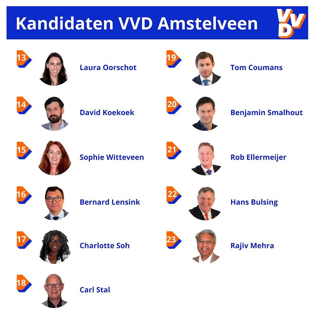 VVDAmstelveen's tweet photo. De kandidatenlijst van de Amstelveense VVD voor de gemeenteraadsverkiezingen 2022 is bekend! Een mooie mix van talent geeft een team van sterspelers. We zijn helemaal klaar voor de campagne! 💪🏻 💙🧡
#VVD #Amstelveen #Kandidaten #GV2022 #Campagne https://t.co/avB7XnBkpE