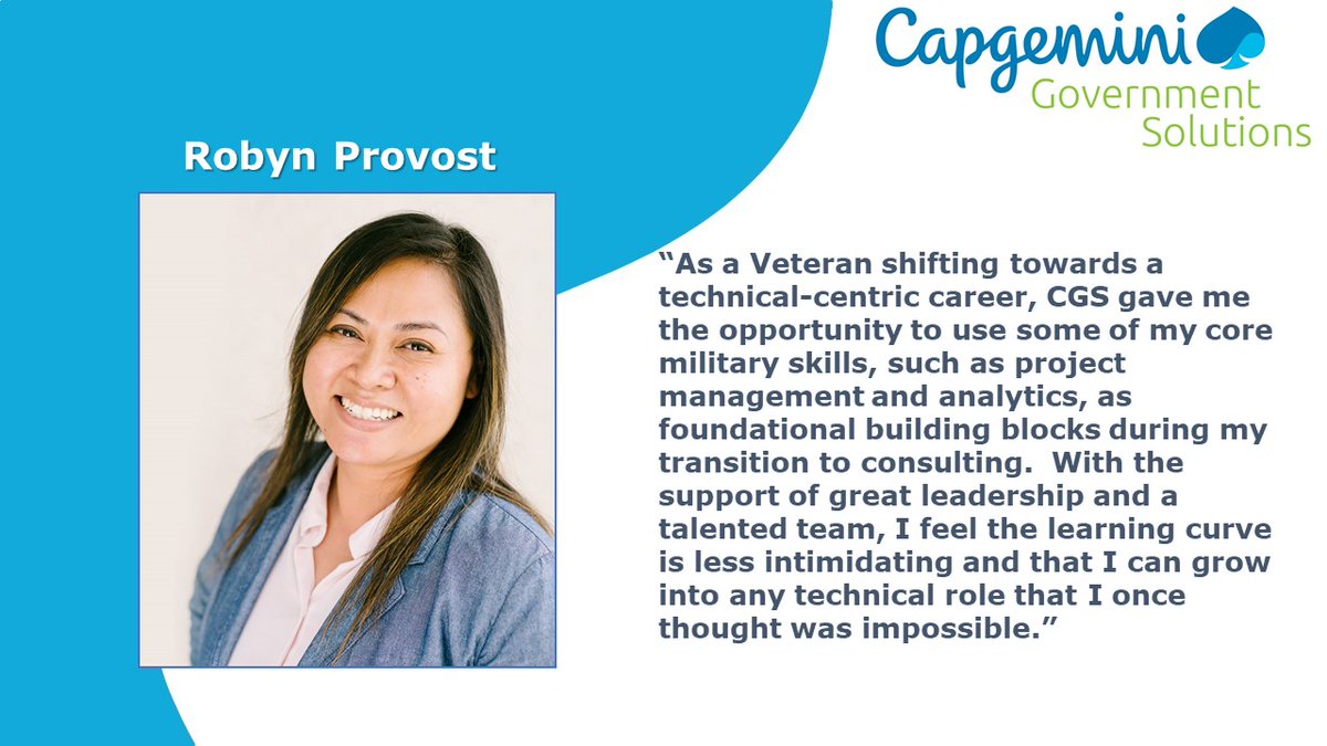 CapgeminiGov's tweet photo. Thank you for celebrating National Veterans and Military Families Month with us this November! Closing out the month, we are spotlighting Robyn Provost!
#Consulting #Veterans #MilitaryFamilies https://t.co/MlzUfY3wCR