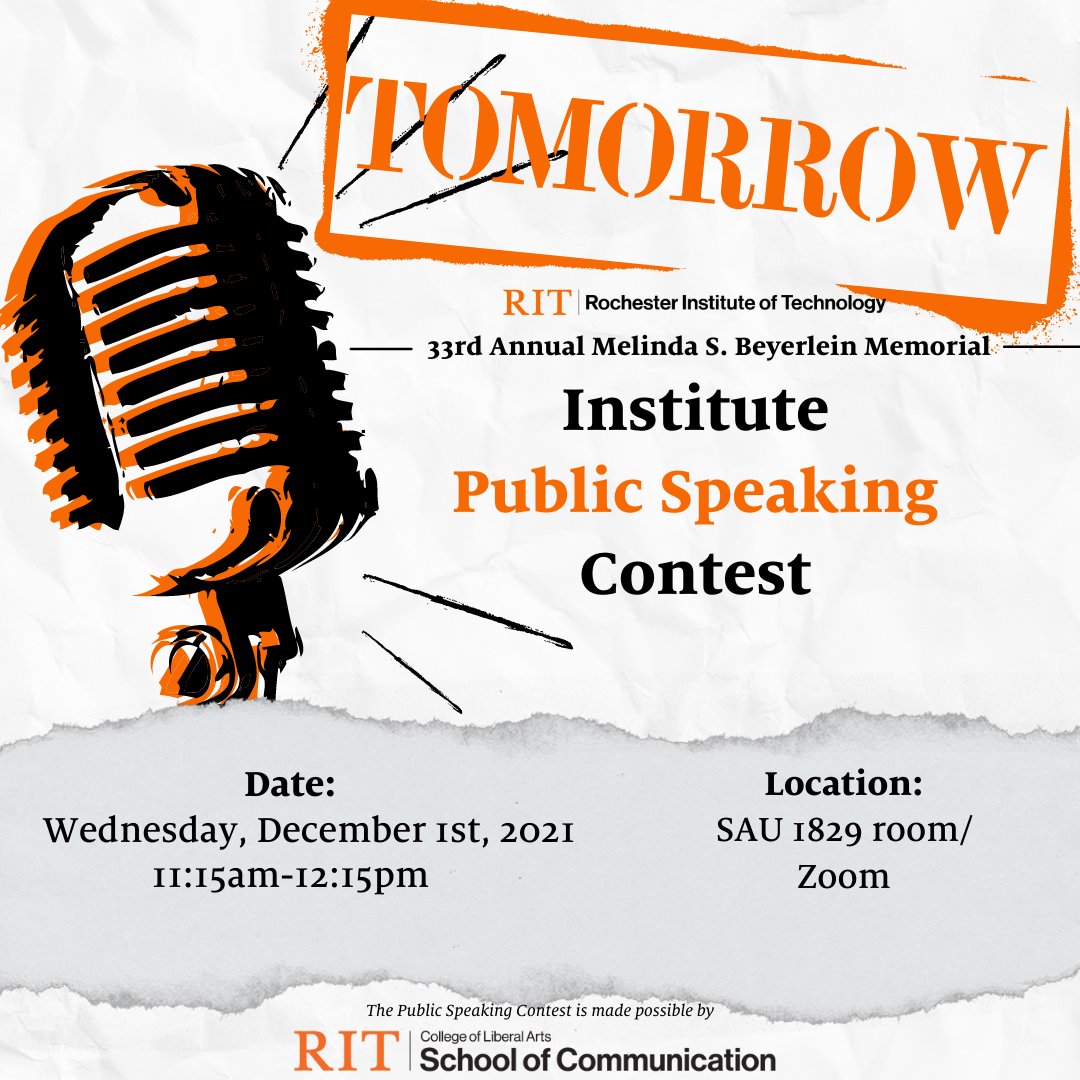 RIT_SOC's tweet photo. TOMORROW! The 33rd Annual Public Speaking Contest will be occurring in the SAU 1829 room TOMORROW @ 11:15am! Come through to see your classmates present for a chance to win prizes! #StudentsSupportStudents https://t.co/UYAVmucNnG