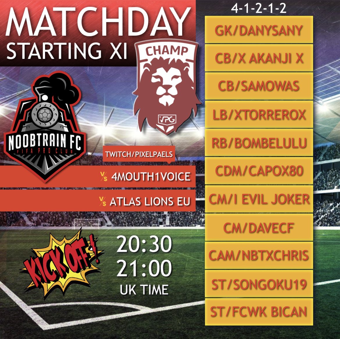 Dejavu is incoming😎😊
<a href="/4mouths1Voice/">Grass Roots</a> 
<a href="/AtlasLionsEU/">Atlas Lions</a> 
<a href="/OfficialVPG/">Virtual Pro Gaming</a> 
<a href="/VPGEurope/">Virtual Pro Gaming | Europe</a> 

Starting XI 4 tonight
Good luck to all 😎✌🏻🚂