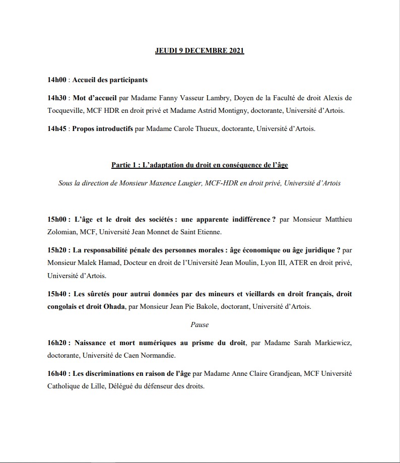 AstridMontigny's tweet photo. Programme du colloque "Age et droit" des 9 et 10 décembre à la Faculté de Droit de Douai @Univ_Artois ! N'hésitez pas à partager, vous espèrant nombreux ! https://t.co/TvWP2KWBwX
