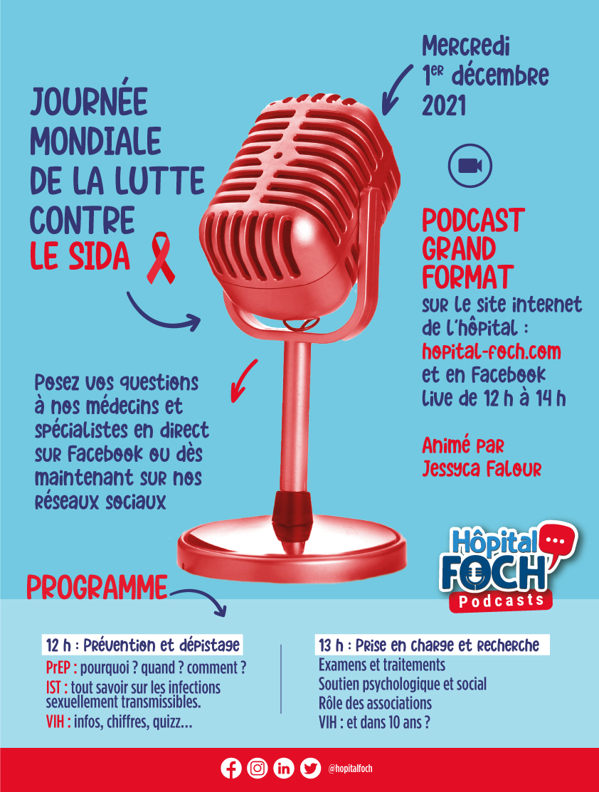 HopitalFoch's tweet photo. [Journée mondiale du #SIDA]

Demain à l'Hôpital Foch, l'événement autour de la lutte contre le #SIDA commencera à 09h à l'accueil où vous rencontrerez les associations AIDES et Marie-Madeleine et pourrez assister au #podcast grand format qui sera diffusé en #FacebookLive. https://t.co/YAXPblxvmv