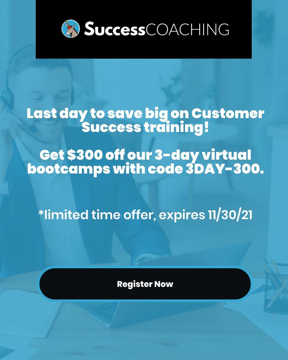 success_hacker's tweet image. Today is the last day to take advantage of November’s Career Development Month deal. Take $300 off the ticket price of any of our 3-day virtual Customer Success certification bootcamps with code 3DAY-300 for $300 off:
successcoaching.co/customer-succe…

#csbootcamp #csm #customersuccess