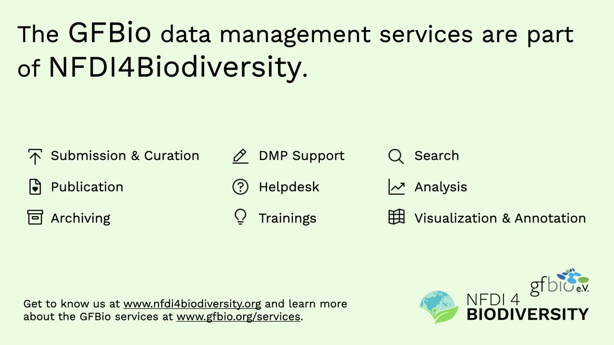 GFBio_eV's tweet photo. Our research data management services are now part of #NFDI4Biodiversity!
The #GFBio project comes to a successful end after 7.5 years, but what we achieved lives on: in the GFBio association and the National Research Data Infrastructure.
https://t.co/hh6mng3zdZ
#RDM #OpenData https://t.co/za4Ra7GTz7