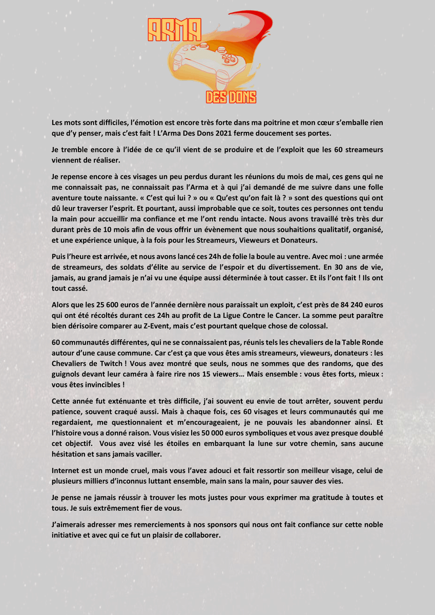 ArmaDesDons's tweet image. En attendant le bilan de 2021, le président @Unbeulibabeule adresse ces remerciements à l'ensemble de la communauté.

Merci à ceux qui prendrons 5 minutes pour lire ces quelques mots.