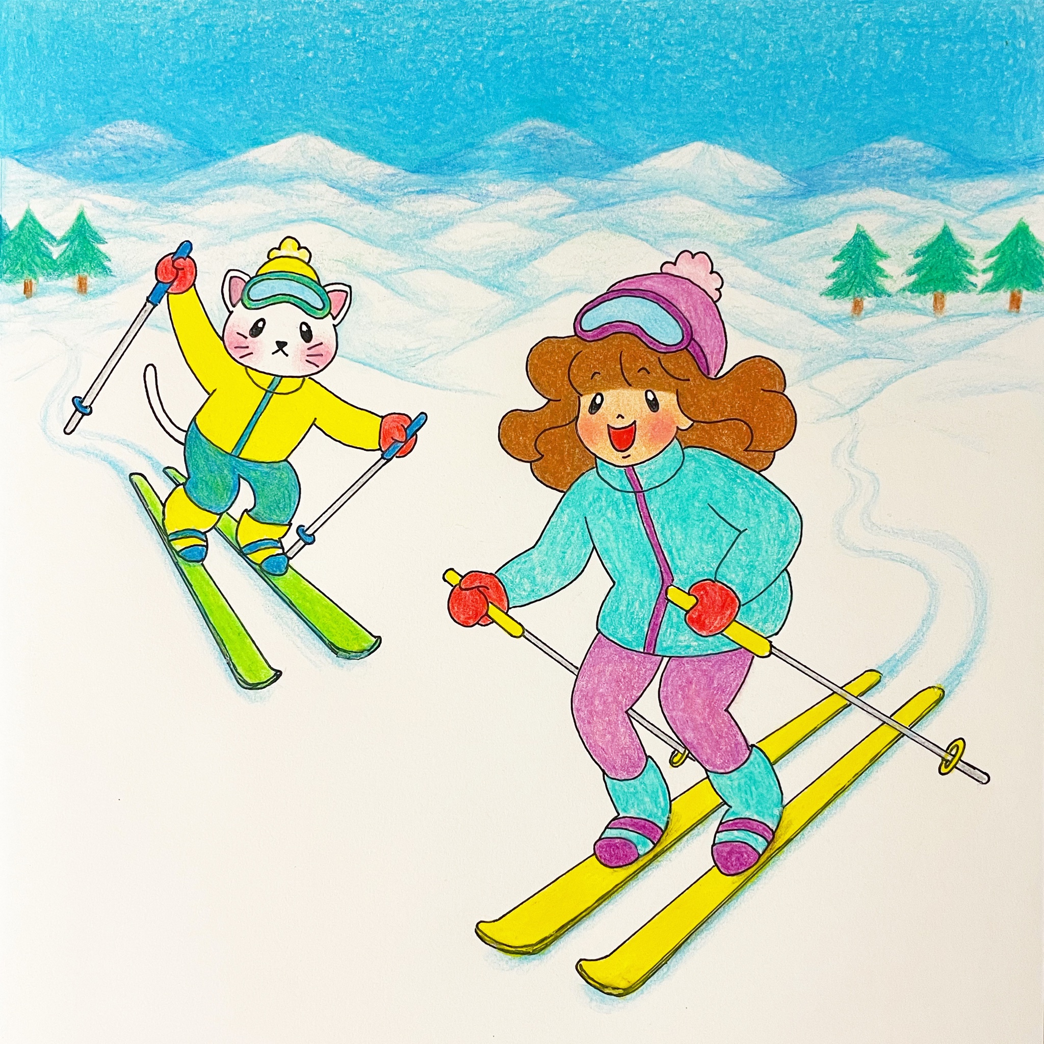 ゆうぴ 今回のイラストのテーマはスキー 私はこれまで一度も雪山に行ったことがないので スキーやスノボをやったことがないです いつかスキーをやってみたいなぁと思っています イラスト 色鉛筆 色鉛筆画 イラストレーション ねこ ネコ 猫 猫