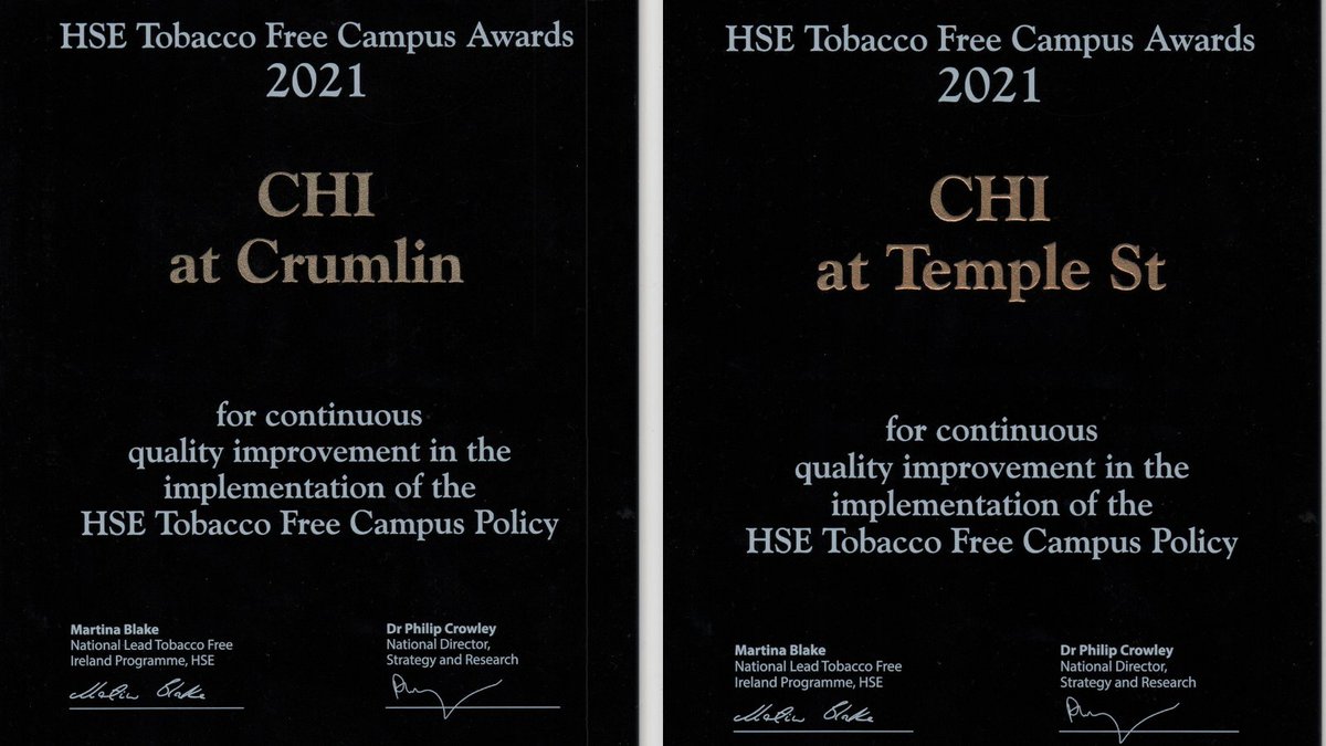 CHIatCrumlin's tweet photo. Delighted to share that @CHIatCrumlin @TempleStreetHos were winners at the Tobacco Free Campus Awards 🏆
This award is in recognition for introducing a #ONECHI Tobacco Free Campus approach.
➡️https://t.co/0MSpD14HtN
@nch_info
@HSELive
@TFRIIreland
#ourchildrenshospital https://t.co/MhY0ExXu7T