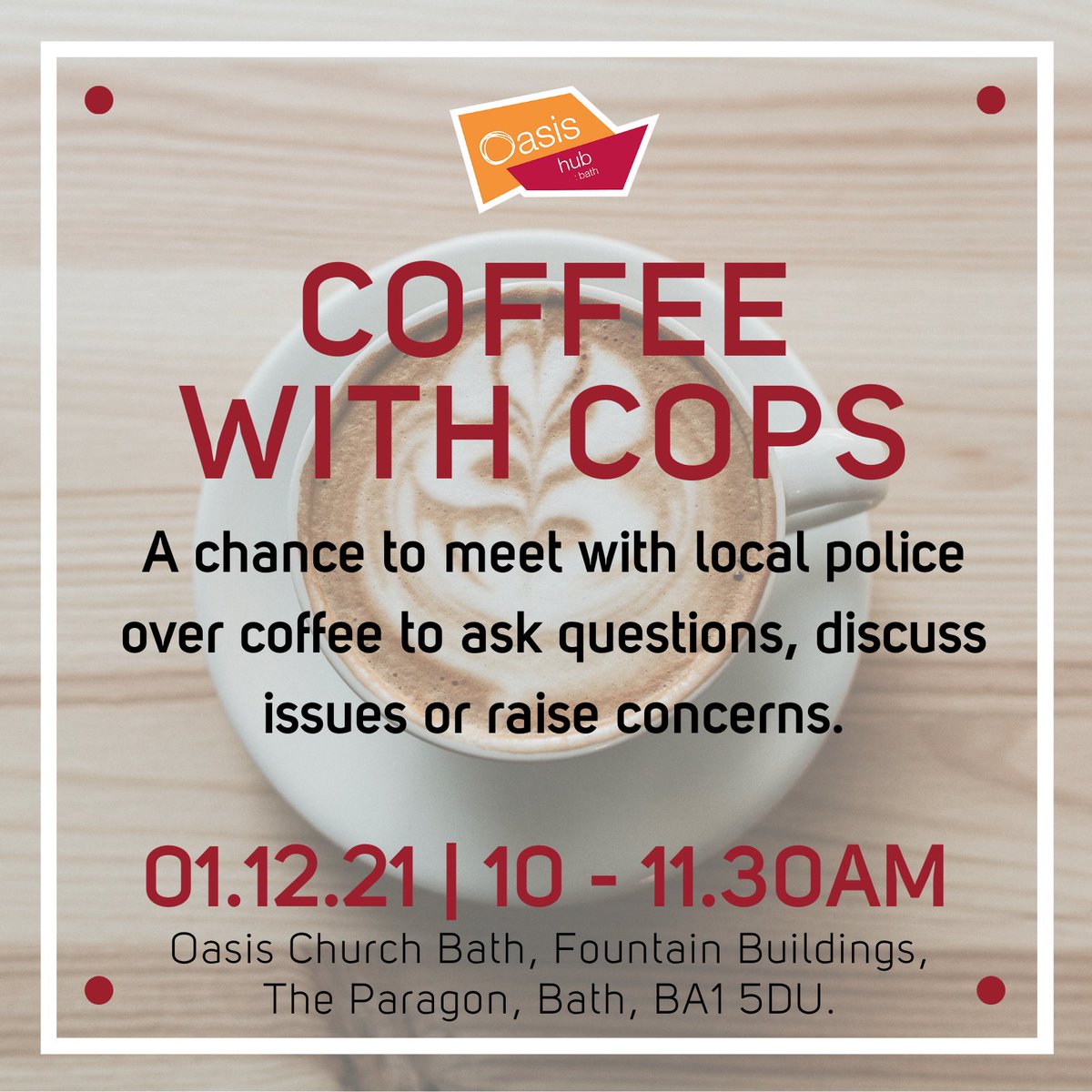 A quick reminder that our Coffee with Cops event is happening tomorrow morning at Oasis Church Bath. Come along to meet your local beat team, ask questions or raise concerns, all while enjoying free coffee and cake. Pop in any time between 10 - 11.30am, and bring a mask.
