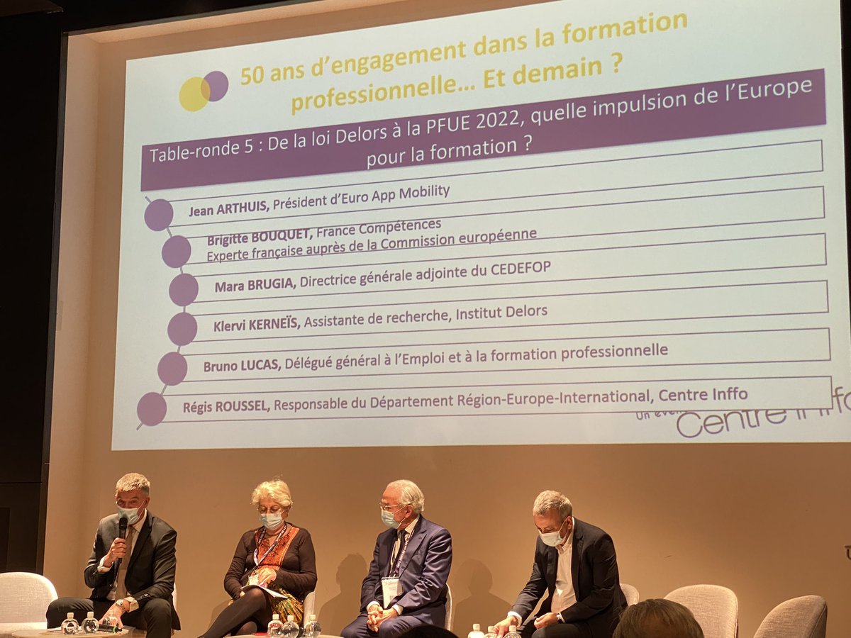 [#50ansfpc] Dernière table ronde du séminaire <a href="/centreinffo/">Centre Inffo</a> : De la loi Delors à la PFUE2022, quelle impulsion de l’Europe pour la formation ? Avec <a href="/BrunoLucasDGEFP/">Bruno Lucas</a>  , Mara Brugia et Jean Arthuis 

#formation #formationprofessionnelle #emploi
