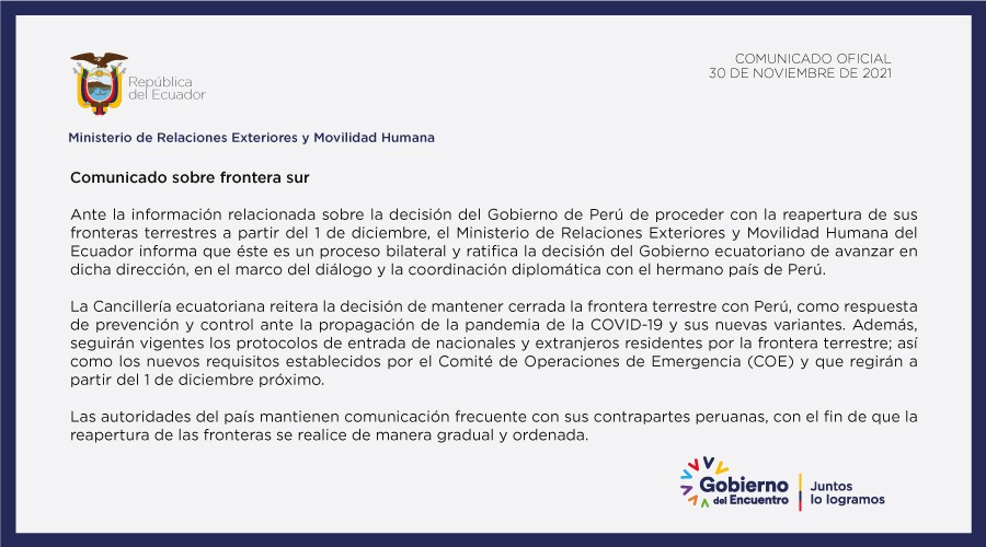 CancilleriaEc's tweet photo. 📃Comunicado sobre la frontera sur

Como respuesta de prevención y control ante la propagación de la pandemia de la COVID-19 y sus nuevas variantes, @CancilleriaEc reitera la decisión de mantener cerrada la frontera terrestre con Perú: https://t.co/WKoUjV50GH https://t.co/pGZ5Guvp4n