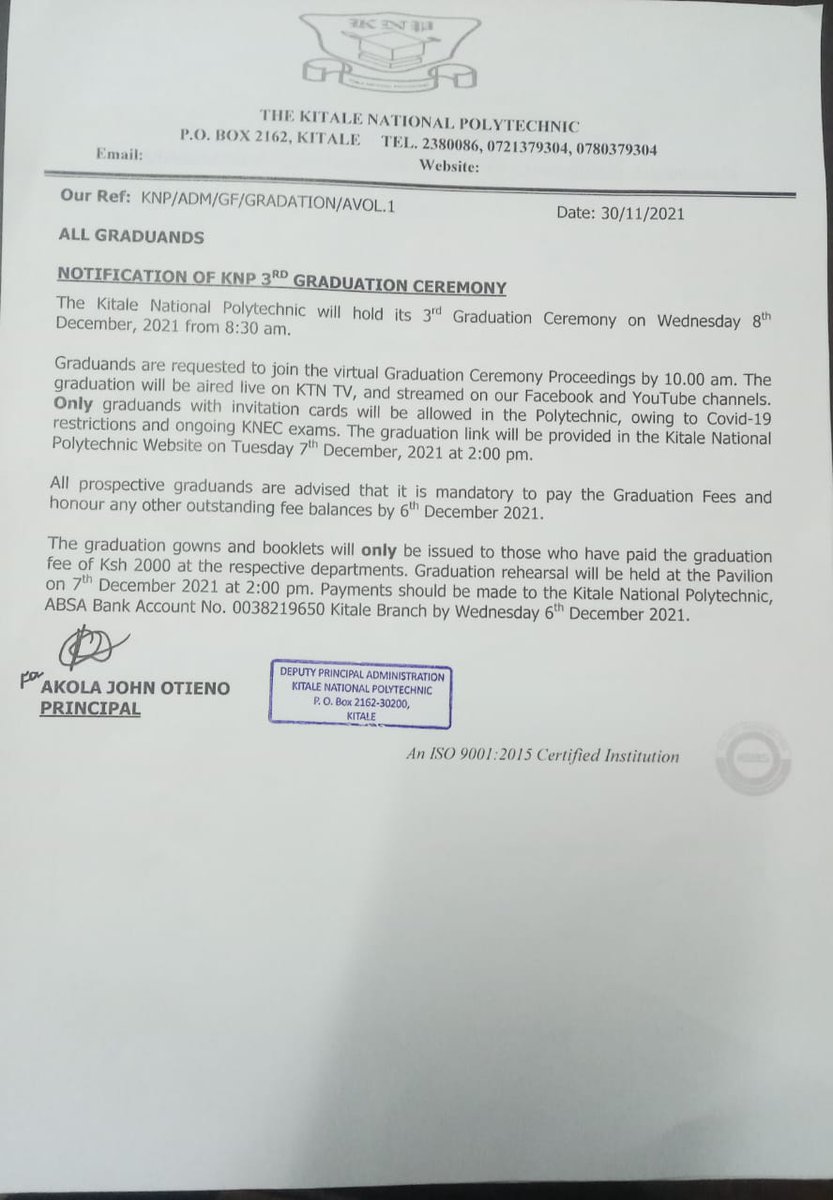 KitaleNatPoly's tweet photo. Notification of the #KitaleNationalPolytechnic 3rd Graduation Ceremony scheduled for 8th of December, 2021.
@CICan_Kenya @KUCCPS_Official @HELBpage @TVETAKenya https://t.co/n0OC1uj6mJ