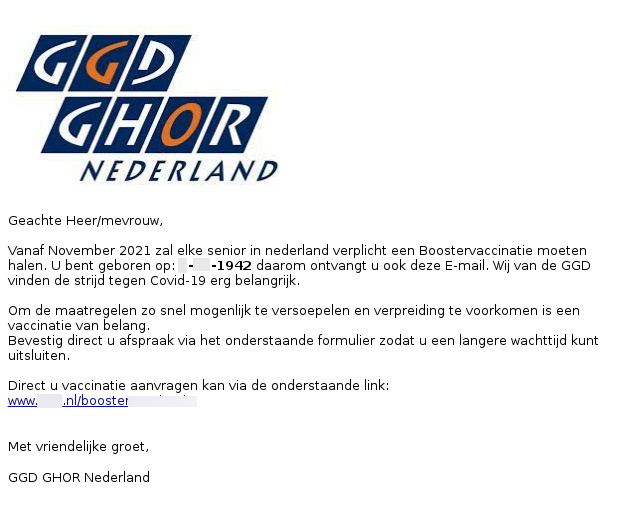 Politie's tweet image. Pas op voor valse e-mails namens de GGD over een #boostervaccinatie. Klik je op de link, dan proberen criminelen je geld afhandig te maken. Word geen slachtoffer van #phishing! Wat kun je doen? Controleer de afzender. Meer tips op politie.nl/informatie/tip…