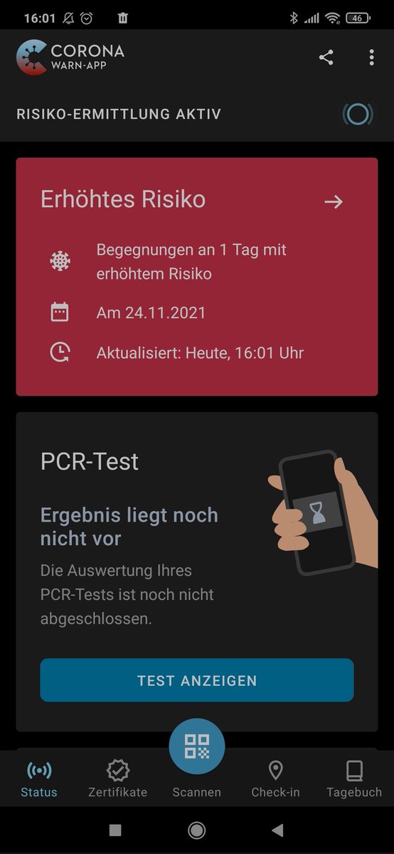 wachstoff's tweet photo. Meine #CoronaWarnApp ist jetzt auch rot. Passt ja super zu dem vermeintlichen positiven Schnelltest gestern. 
Ich warte dann man auf das Ergebnis des pcrtests von heute... https://t.co/frWFmp06TW