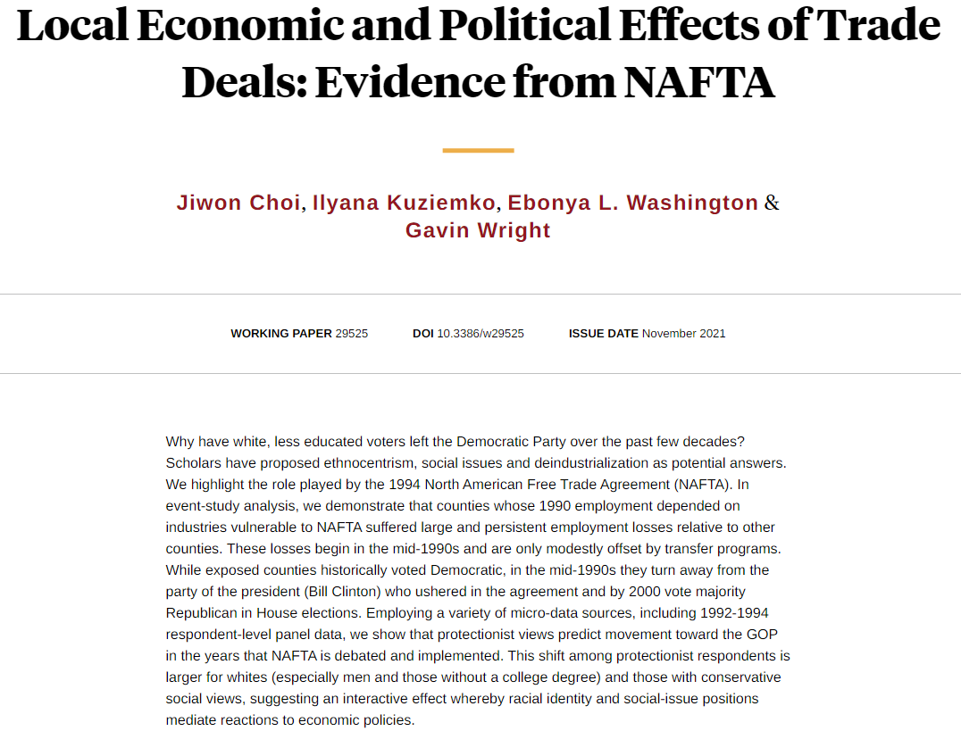NAFTA (signed by Bill Clinton) led to large job losses in historically low-income US counties which historically voted Democratic but began to move toward the GOP after NAFTA, from Jiwon Choi, <a href="/ikuziemko/">Ilyana Kuziemko</a>, Ebonya L. Washington, and Gavin Wright nber.org/papers/w29525
