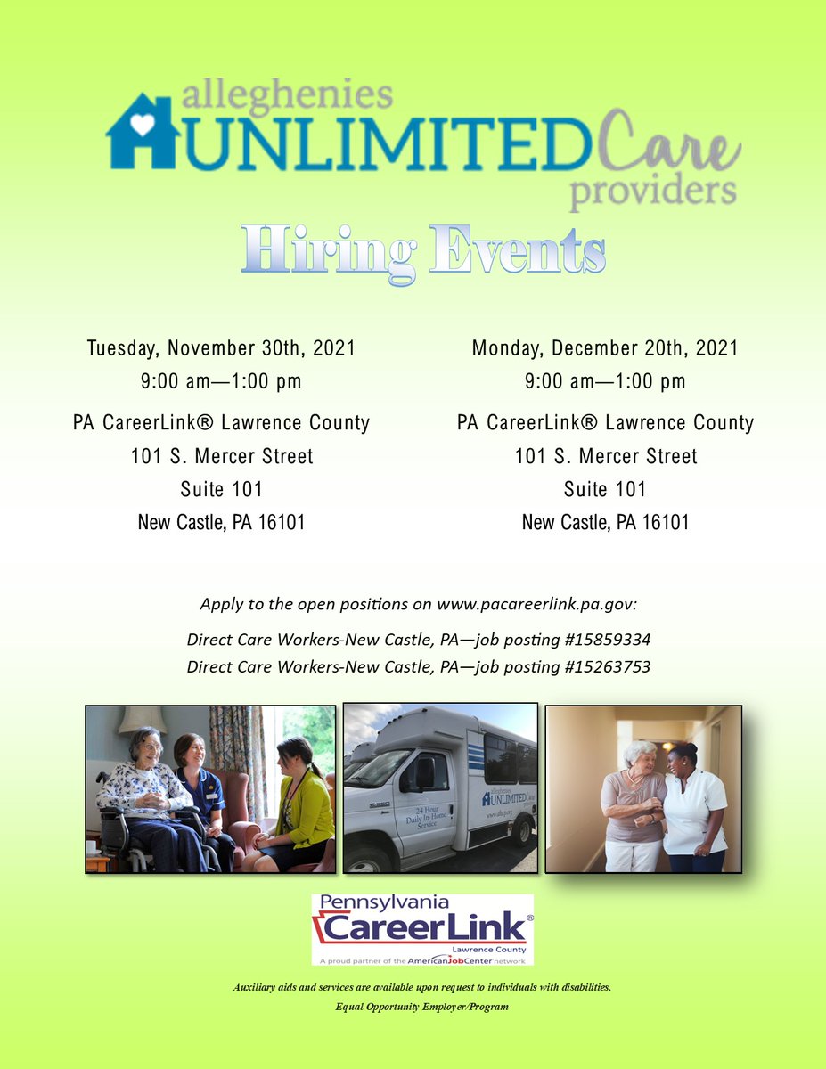 TODAY IS THE DAY!!  Hiring representatives from Alleghenies Unlimited Care Providers will be at the PA CareerLink Lawrence County from 9 am - 1 pm conducting open interviews.  Don't miss this opportunity!  Bring your resume &amp; dress for success!!
