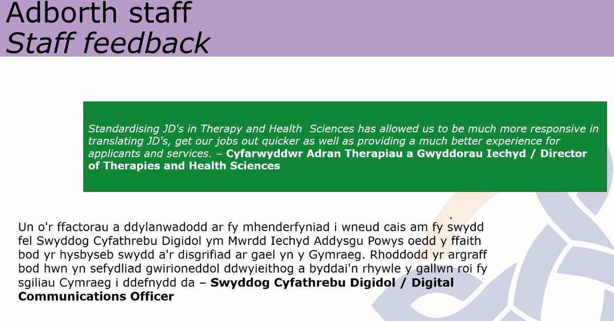 ComyGymraeg's tweet image. Mae @BIAPiechyd yn gweld fod hysbysebu am sgiliau Cymraeg yn denu wrth recriwtio. #ArferionEffeithiol
@PTHBhealth believes that advertising for Welsh language skills, attracts people to apply for jobs. #EffectivePractices