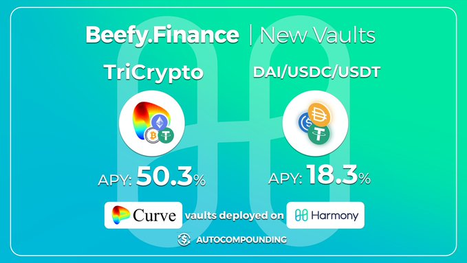 FLS_News_1's tweet photo. 🐮 @beefyfinance New @CurveFinance Vaults On #HarmonyNetwork

🏦Deposit to earn more with High APYs and Autocompounding.

✅#TriCrypto
✅ $DAI / $USDC / $USDT

⬇️Deposit Here:
https://t.co/JVKQkxLnE6

#FLS https://t.co/gVI3PO5hwl