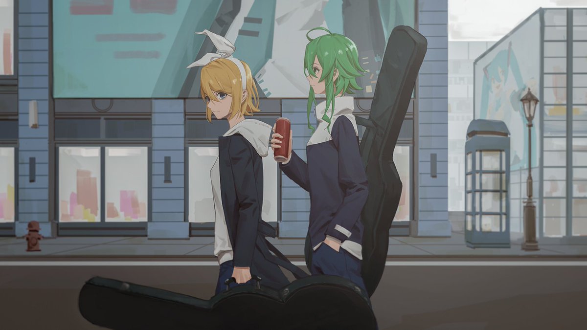 gumi ,kagamine rin instrument case multiple girls guitar case 2girls green hair blonde hair holding  illustration images