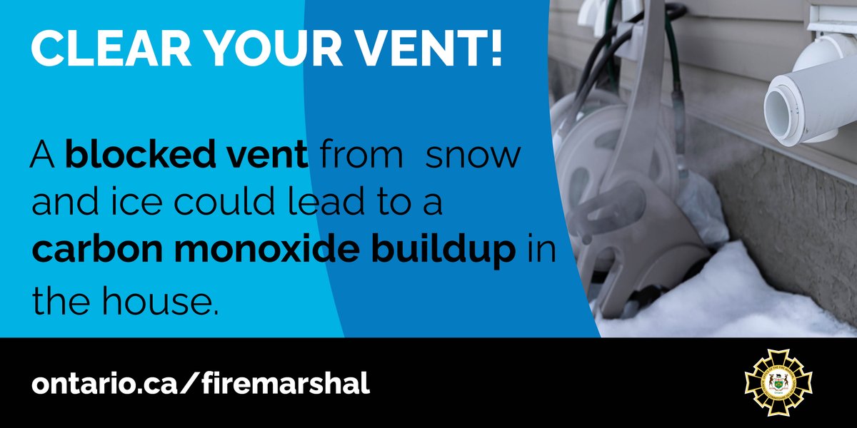 As it starts to snow, remember to clear vents of any snow or ice. A blocked vent can cause carbon monoxide to build up in your home which can be deadly. #ONFire