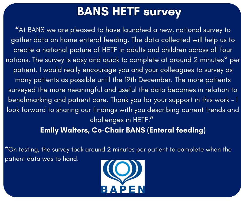BAPENUK's tweet photo. Have you surveyed any patients yet for BANS' home enteral feeding survey? Have a read of why Co-Chair of BANS @EmilyWaltersRD wants you to join this national initiative! Find out more here👉 https://t.co/PpfDRUxZs0 https://t.co/7eMiPJgFo8