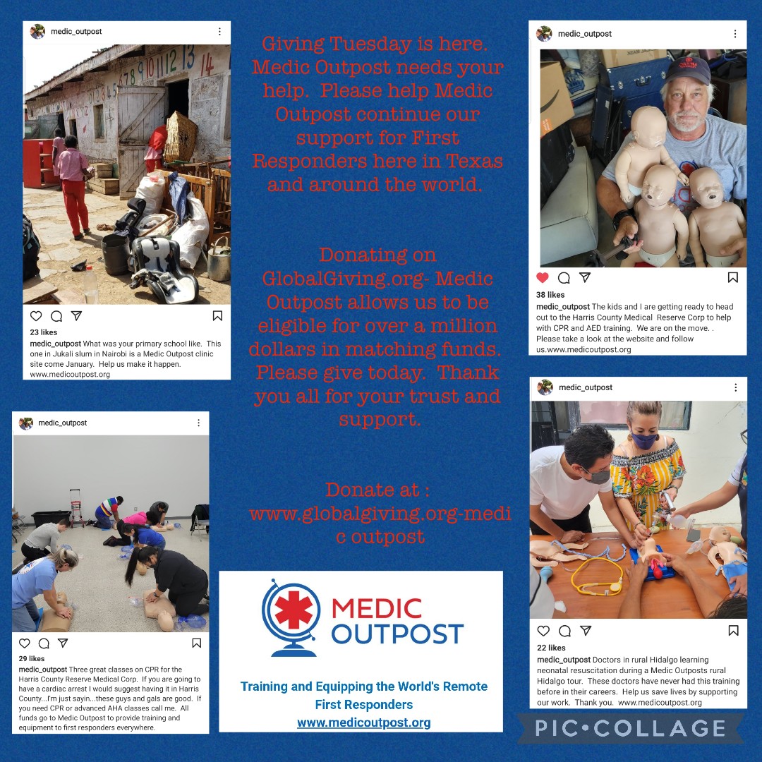 DebBarrett's tweet image. Hey Friends, 
it is Giving Tuesday. Please take a look and consider giving to Medic Outpost, a Texas based non-profit that  trains and equips first responders locally and in remote Mexico and Africa. 100 % of your donation will help buy supplies for the next training session.