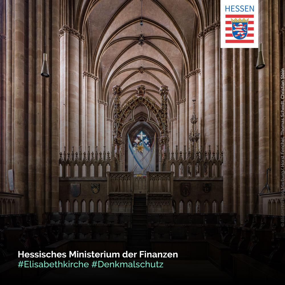 FinanzenHessen's tweet photo. Die Sanierung der Elisabethkirche in Marburg hat begonnen. Der denkmalgeschützte Bau aus dem 13. Jh. wird restauriert. Mit dabei unser #LBIH. Er zeigt auf einigen Musterflächen, wie schön der Innenraum zukünftig erstrahlen soll. https://t.co/VTV6BlnV4I