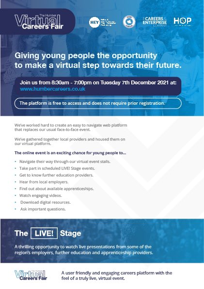 Please visit our stand along with many local employers, further and higher education providers and apprenticeship providers at the virtual Humber Careers Fair next Tuesday (7th December).