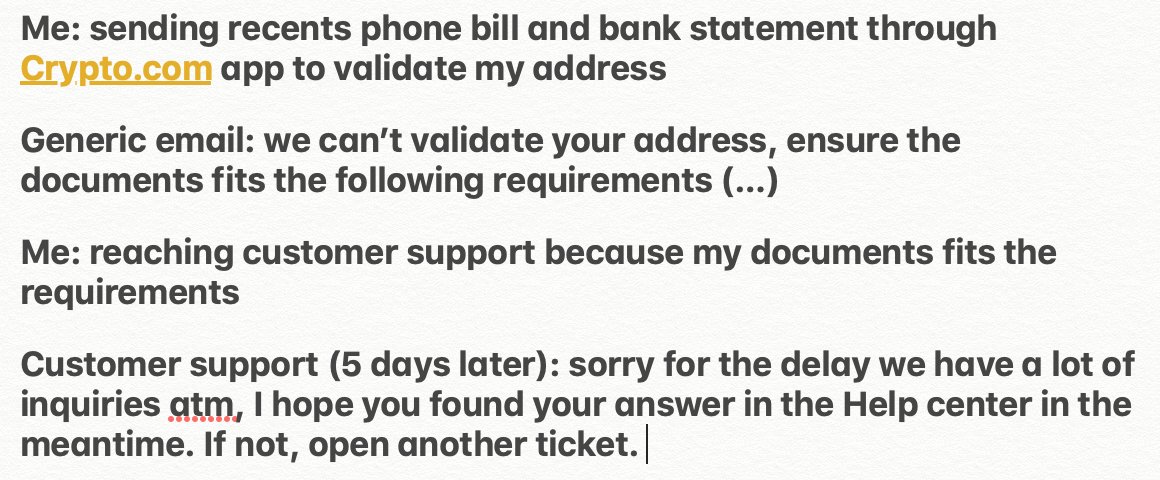 brindu12's tweet photo. @cryptocom  Two weeks I tried to get my address validated, my valid documents are rejected without any clear reason, customer support either doesn't respond or is completely unhelpful. KYC is rarely fun, but this is the worst experience by far... https://t.co/lRFwzS4Ek1