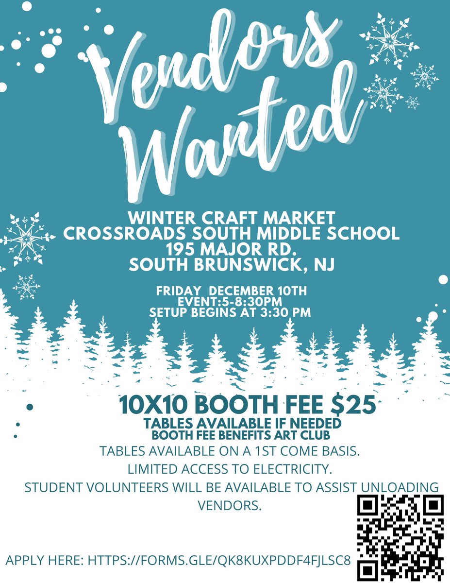 The PTO and the Crossroads Art Club invite you to the  first “Winter Craft Market” from 5-8:30 pm on Friday 12/10 at Crossroads South. Enjoy shopping and fun with a wide selection of vendors and artisans including home décor, baked goods, body care, gifts, artwork and more.