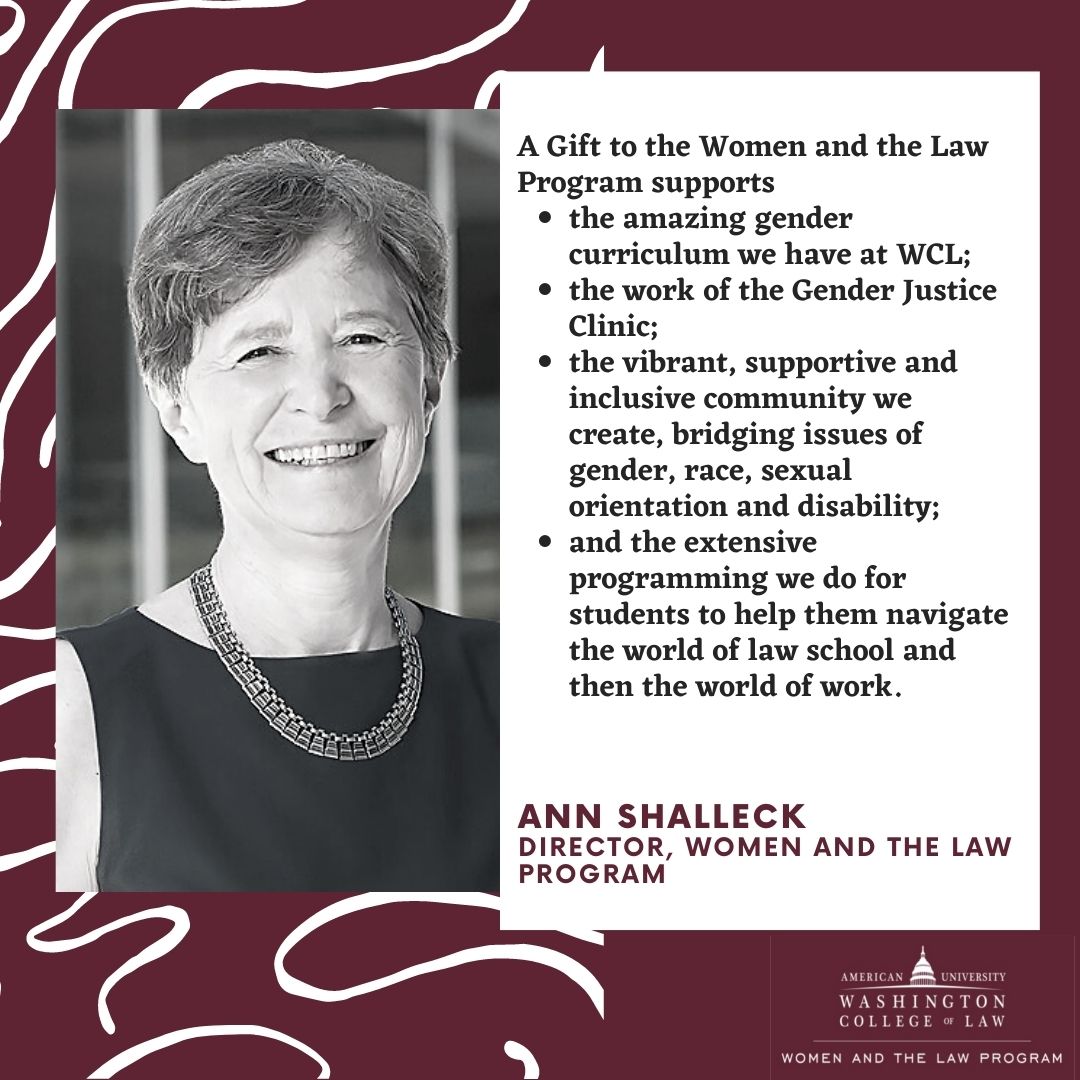 On this #WCLGivingDay please consider making a donation to the <a href="/WomenLawWCL/">AUWCL Program on Gender, Theory, Law, and Practice</a> in support of our mission. To give, visit giving.american.edu/page/23346/-/1 and select "Funds I Choose" then type in "Washington College of Law (WCL) Women and Law Endowed Fund".