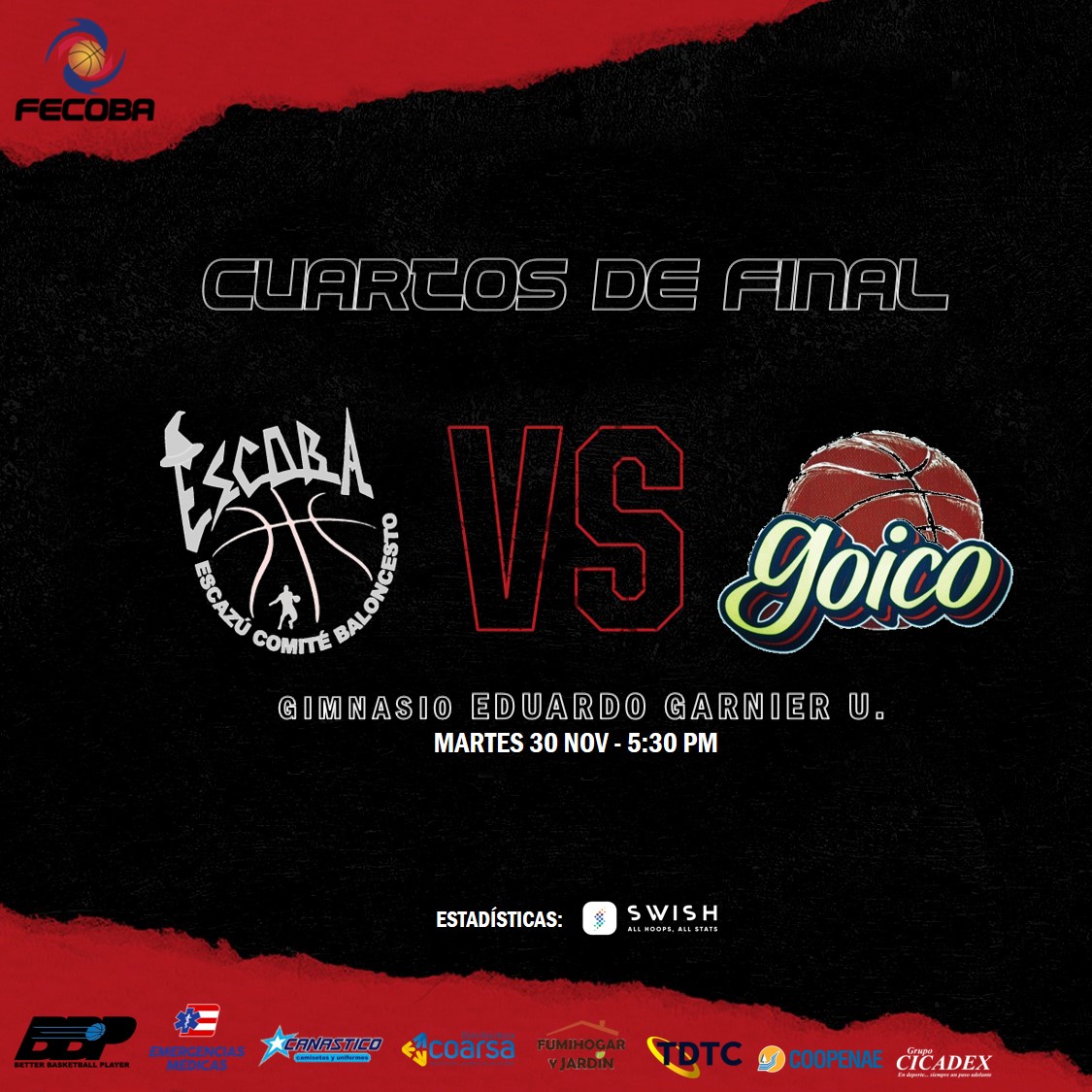 fecobacostarica's tweet photo. 🔜 Hoy inician los cuartos de final en el Gimnasio Eduardo Garnier del Liceo de Costa Rica. 
 
¿Y vos con quién vas? ⬇️
ESCOBA Escazú 🆚 Goicoechea 

Podés seguir todas las estadísticas de los encuentros por medio de @SwishAllHoops 📲

#LDBM #JuntosSomosMás https://t.co/YI7H0av5y6