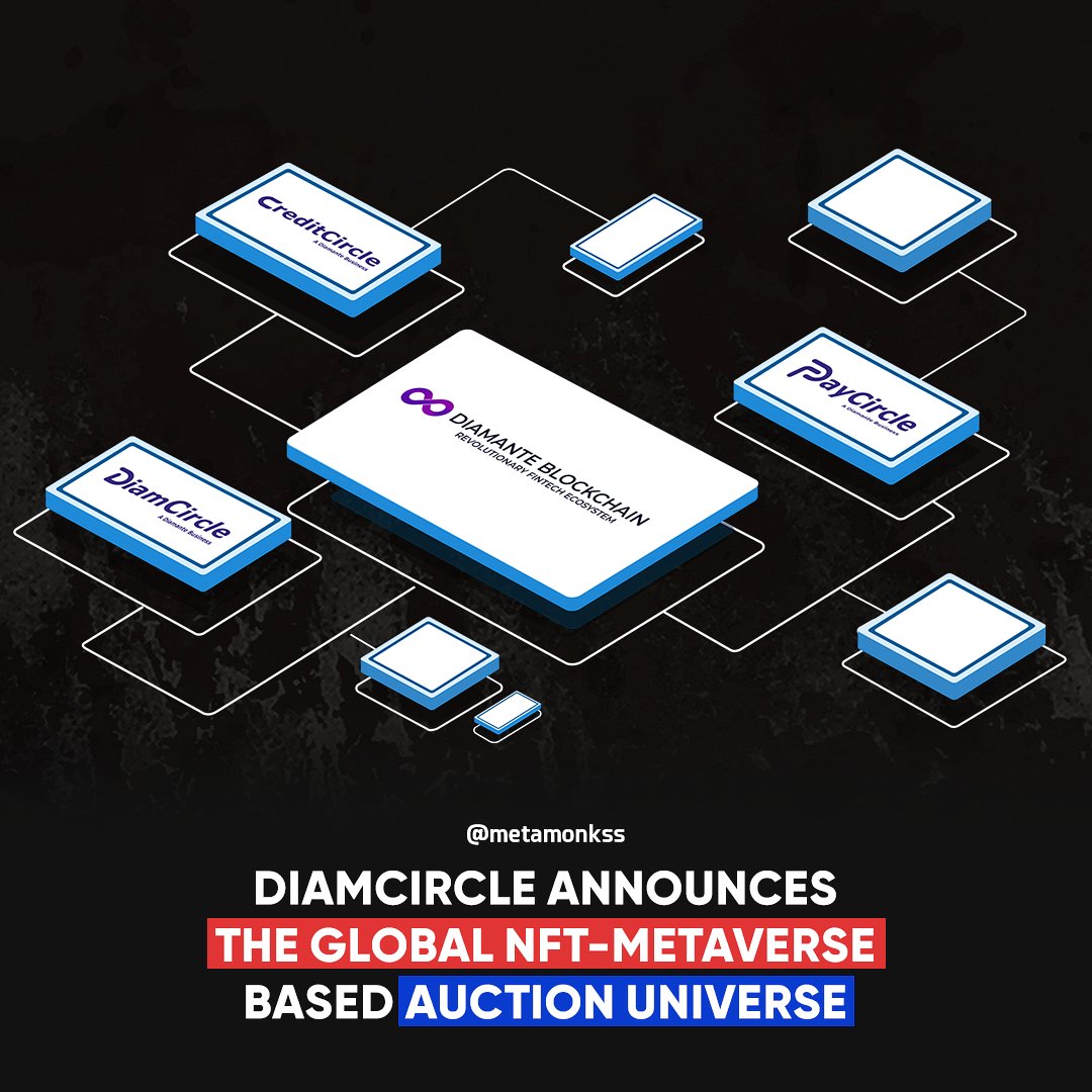 MetamonksStudio's tweet photo. DiamCircle, a wholly-owned subsidiary of Diamante Blockchain Holdings, Inc. announces the Global NFT-Metaverse Based Auction Universe🤩🔥
#nfts #nft #digitalart #cryptoart #cryptoartist #blockchain #nftcollector #ethereum #crypto #metamonks #metaverse #auction #diamcircle https://t.co/yP1vSWywxN