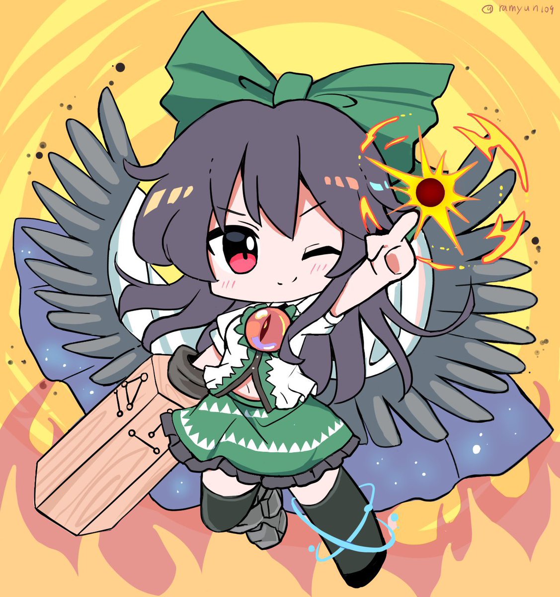 reiuji utsuho 1girl solo arm cannon weapon skirt wings bow  illustration images