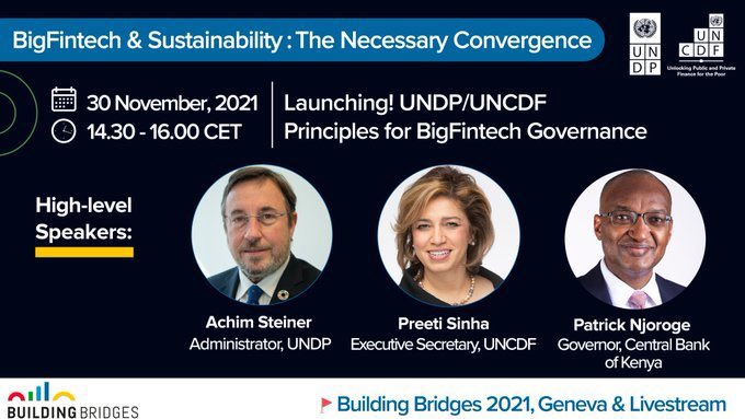 📣 Happening today: the launch of <a href="/UNDP/">UN Development</a> new report with <a href="/UNCDF/">UN Capital Development Fund</a> on Principles for #BigFintechGovernance w/ <a href="/UNDP/">UN Development</a> Administrator <a href="/ASteiner/">Achim Steiner</a>  

⏰ 8:30am EST/2:30pm CET
📺bit.ly/3rb9vR8 #BuildingBridges21