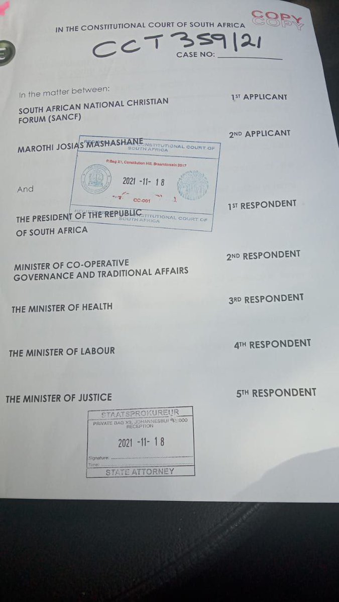 I can confirm that we have filed extensive papers at Constitutional Court against the State President of the Republic and all relevant members of Cabinet re the issues of mandatory vaccination and lock down. Yes, its official. We ride out to war. Schalk van der Merwe