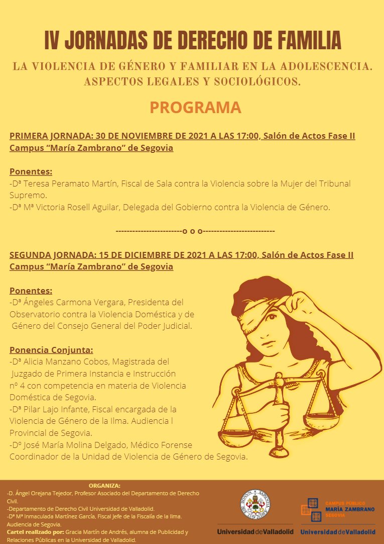 Delegación del Gob. contra la Violencia de Género (@delgobvg) on Twitter photo ♀️ La delegada <a href="/VickyRosell/">Mª Victoria Rosell Aguilar</a> participa junto a la fiscal <a href="/PeramatoTeresa/">teresa peramato</a> en las IV Jornadas de Derecho de Familia 'La #ViolenciaDeGénero y familiar en la adolescencia: aspectos legales y sociológicos', en la <a href="/SJC_UVA/">SJC_UVa</a>.
⏰ A las 17:00h
📲 Síguelo en directo: youtube.com/channel/UCD9X6… ♀️ La delegada <a href="/VickyRosell/">Mª Victoria Rosell Aguilar</a> participa junto a la fiscal <a href="/PeramatoTeresa/">teresa peramato</a> en las IV Jornadas de Derecho de Familia 'La #ViolenciaDeGénero y familiar en la adolescencia: aspectos legales y sociológicos', en la <a href="/SJC_UVA/">SJC_UVa</a>.
⏰ A las 17:00h
📲 Síguelo en directo: youtube.com/channel/UCD9X6…