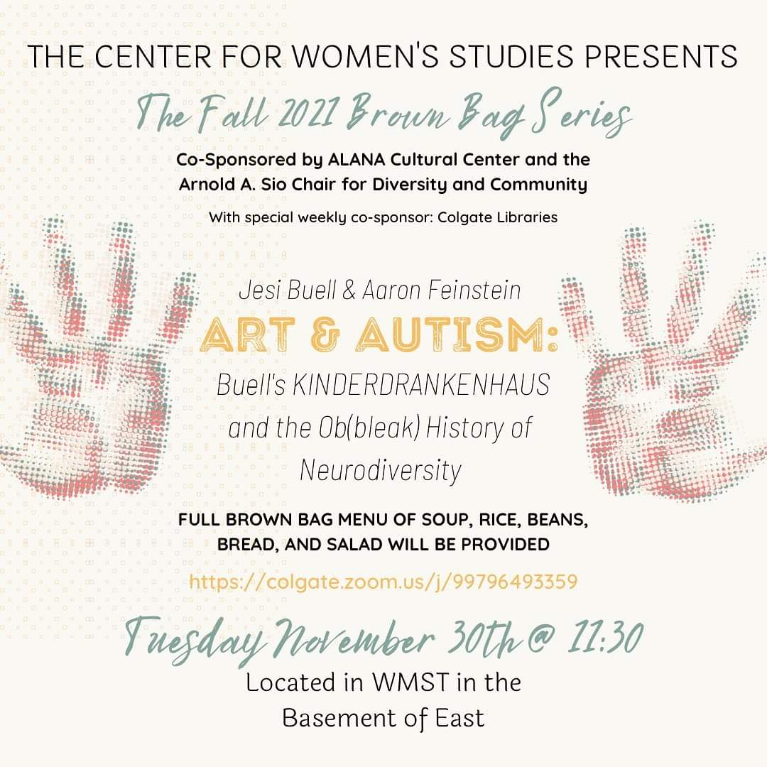 Join librarian @JesiBender today via Zoom or in the <a href="/ColgateWMST/">Center for WMST</a> Center for her talk about her recent play (Kinderkrankenhaus from <a href="/saggingmeniscus/">Sagging Meniscus</a>), art, and autism 📚