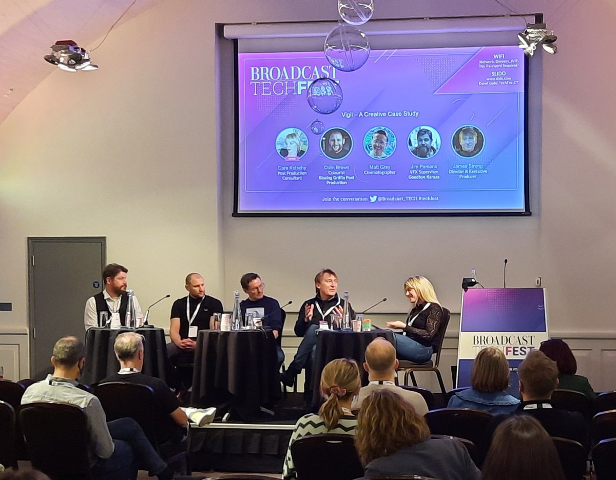 Vigil colourist Colin Brown (<a href="/BlazingGriffin/">Blazing Griffin</a>), cinematographer Matt Gray, #VFX supervisor Jim Parsons (<a href="/GoodbyeKansas/">Goodbye Kansas Studios</a>), and director/exec producer James Strong speak to #postproduction consultant Cara Kotschy about the making of the hit drama at #TechFest #broadcast #production