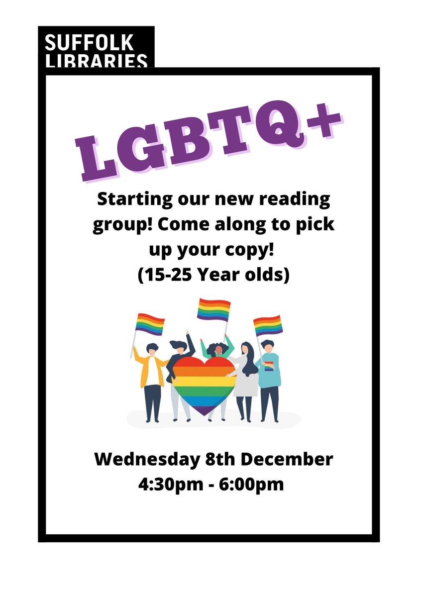 Beccles_Library's tweet photo. Wednesday 8th December is out next #LGBTQ+ meeting for young people! We're starting our own reading group. First up is Read with Pride by @LucytheReader. #readinggroup #PrideReading #Beccles #YoungPeople https://t.co/U6W8DP0z7c