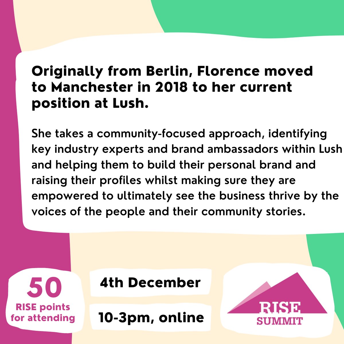 Introducing our Rise Summit host: <a href="/FlorenceWelke/">Florence O’Donoghue</a> 💫

Florence is a multilingual PR specialist based in Manchester, with in-house experience with a range of global brands working across the areas of business, manufacturing, environmental and retail PR.

bit.ly/31dCtVt