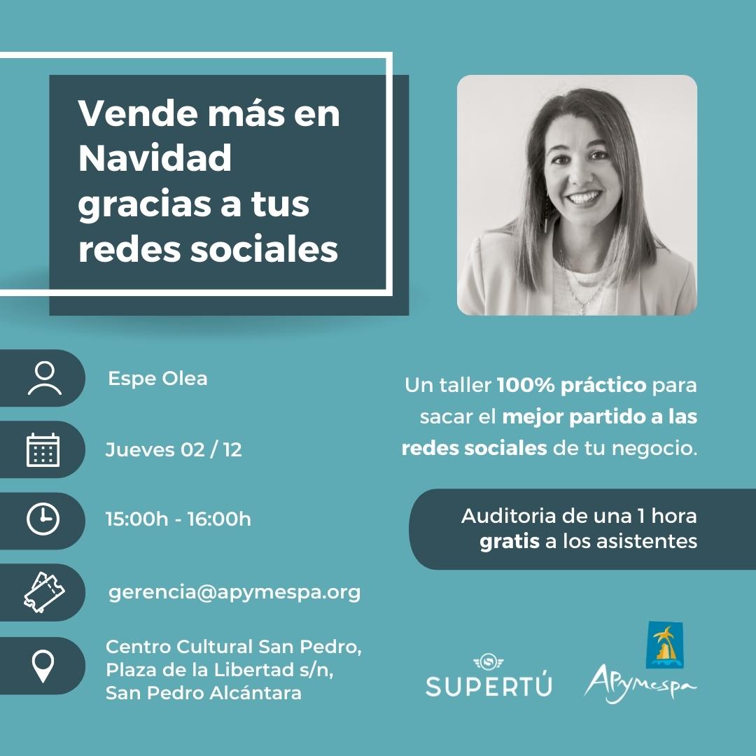 ¡Taller gratuito el próximo jueves! ➡
Vende más en Navidad a través de tus redes sociales 👏

🗣 Incluye auditoría individual gratuita a todos los asistentes al taller con Espe Olea
🔖 Inscripciones en gerencia@apymespa.org

#EmpresasApymespa #supertu #redessociales
